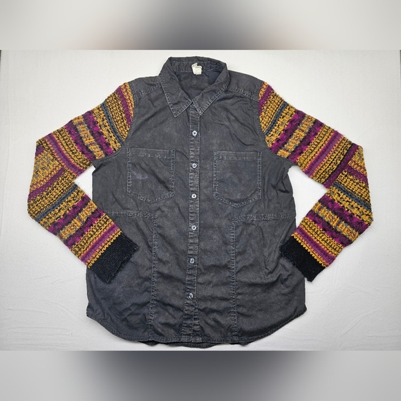 We The Free Tops - We The Free Long Sleeve Button Up Shirt Purple Yellow Crochet Sleeves Size Large